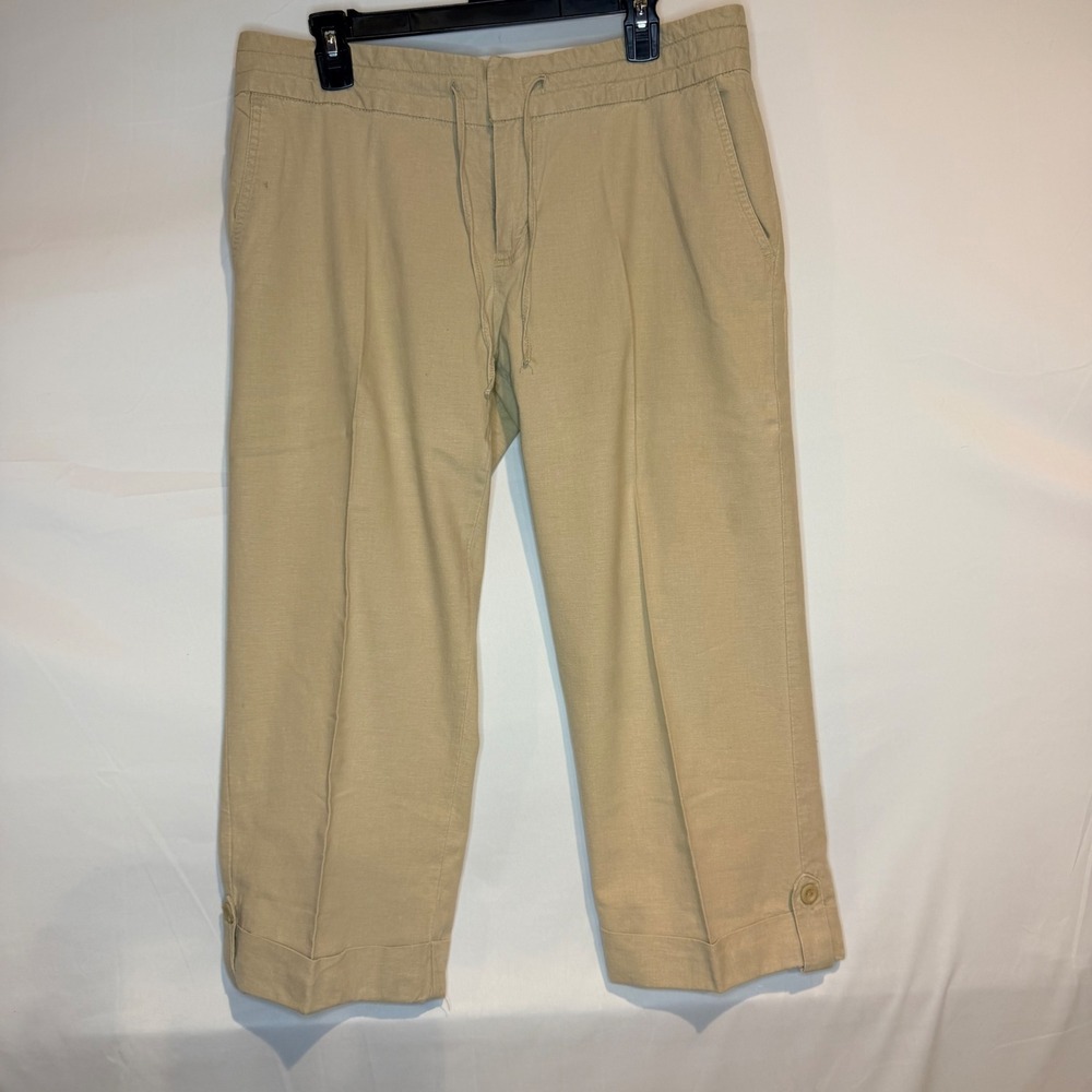 Old Navy Womens Tan Linen Blend Cropped Pants Size 12 Drawstring Cuffed Trousers